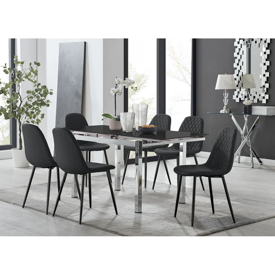 Enna Black Glass Extending Dining Table And 6 Black Corona Black Leg Chairs