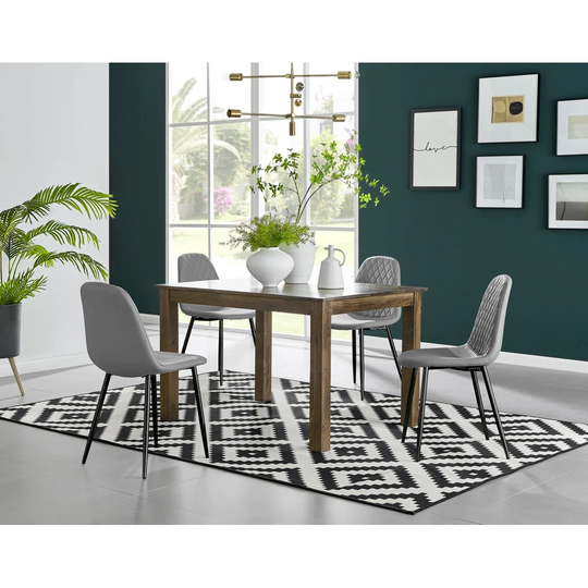 Anders Dark Walnut Solid Wood Dining Table & 4 Grey Corona Black Leg Chairs