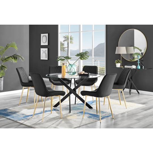 Novara Black Leg 120Cm Round Glass Dining Table & 6 Black Pesaro Gold Leg Chairs