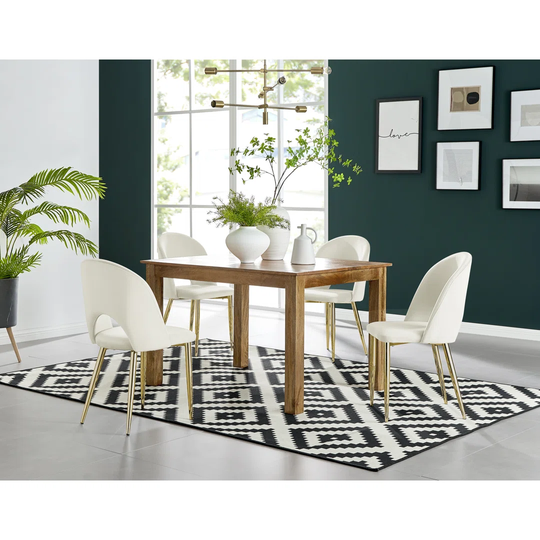 Anders Honey Solid Wood Dining Table & 4 Cream Arlon Gold Leg Chairs