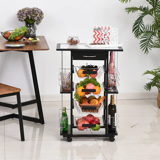 Panella 57 Cm Stainless Steel Kitchen Trolley with Granite Top and Locking Wheels