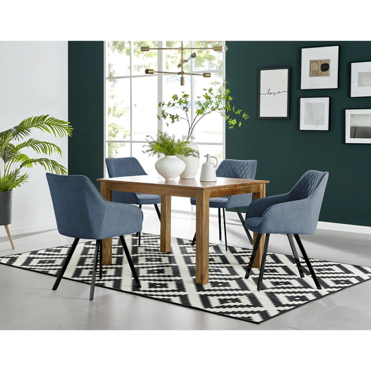 Anders Honey Solid Wood Dining Table & 4 Blue Falun Black Leg Chairs