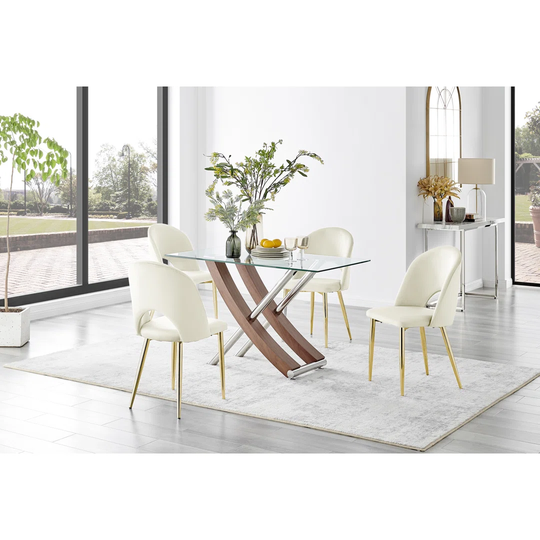 Mayfair Glass & Brown Wood Effect Dining Table & 4 Cream Arlon Gold Leg Chairs