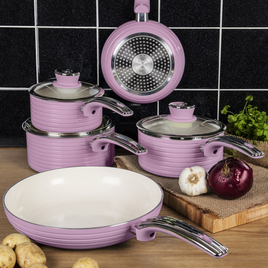 (Purple) Swan Retro Non-Stick 5pce Pan Set, 3 Saucepans 16/18/20cm & 2 Frying Pans 20/28cm with Tempered Glass Lids & Compatible with Induction Hobs