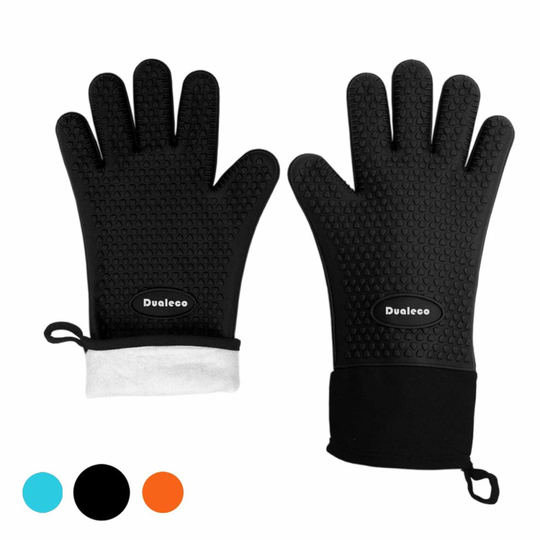 Dualeco Silicone Oven Gloves - Heat Resistant Grill BBQ Gloves with Fingers Waterproof Non Slip Oven Mitts Kitchen Cooking Gloves for Baking,...
