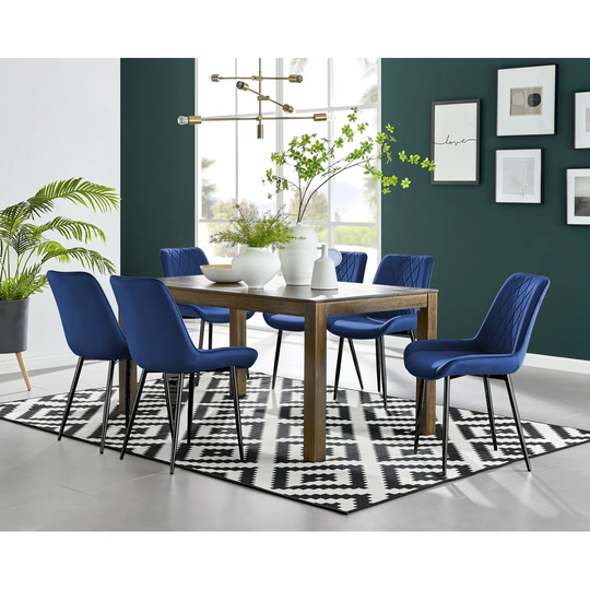 Anders Dark Walnut Solid Wood Dining Table & 6 Navy Pesaro Black Leg Chairs