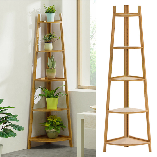 (Natural-5 Tier) Wood Corner Shelf Standing Shelving Plants Stand Storage Rack Home Decor