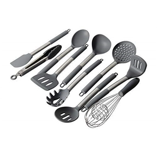 Premium Silicone Kitchen Utensils (Set Of 10) For Cooking And Baking In Grey And Brushed Stainless Steel. Includes; Tongs, Whisk, Spatula, Ladle, Stra