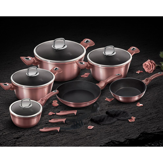 (Rose Gold) 15 Pc Aluminium Non Stick Pots Pans Induction