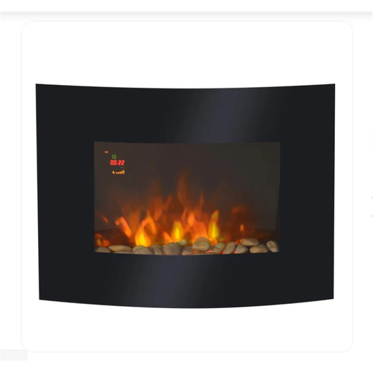 900/1800W LED Curved Glass Electric Wall Mounted Fire Place-Black