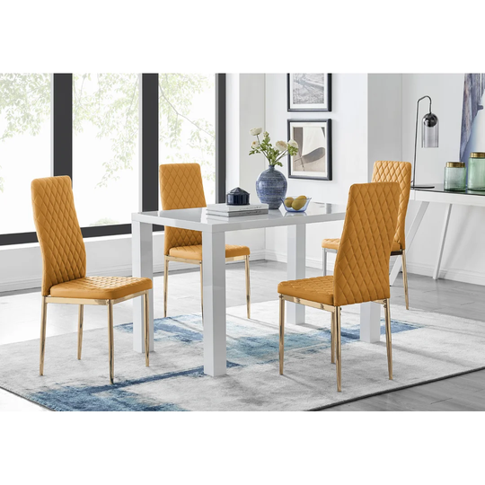 Eubanks 4 White Dining Table And 4 Mustard Gold Leg Chairs