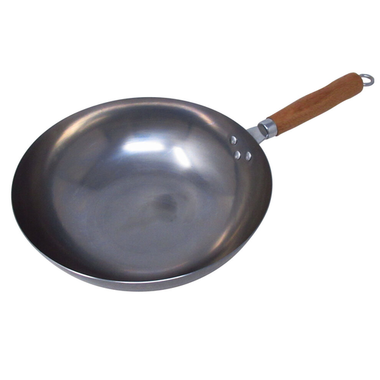 (14 Inch, Round Bottomed) Wok Pan Round or Flat Base with Wooden Handle