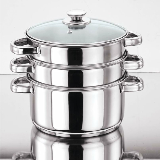 (24) Steamer Cooker Pot Set with Glass Lid Stainless Steel Induction Friendly, 3 Tier Pan ,VINOD