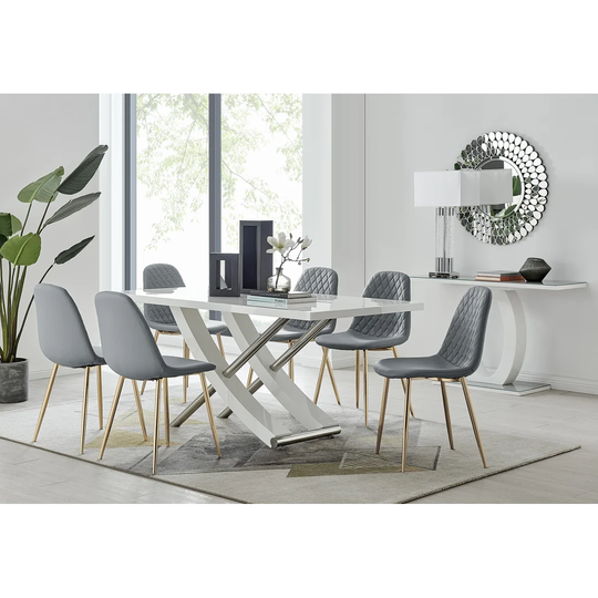 Mayfair 6 Dining Table And 6 Grey Corona Gold Leg Chairs