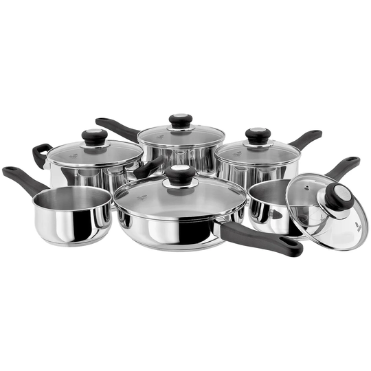 Judge Vista 6 Piece Stainless Steel Pan Set with Glass Lids, 14cm milk pan, 16/18/20cm Saucepans/ 24cm Saute Pan/ 20cm Casserole
