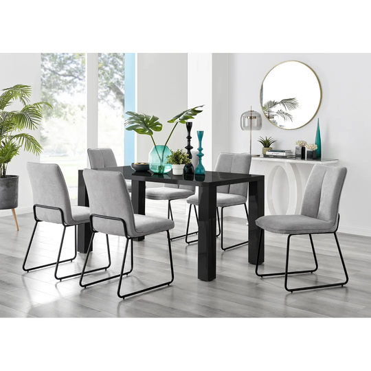 Pivero Black High Gloss Dining Table & 6 Light Grey Halle Chairs