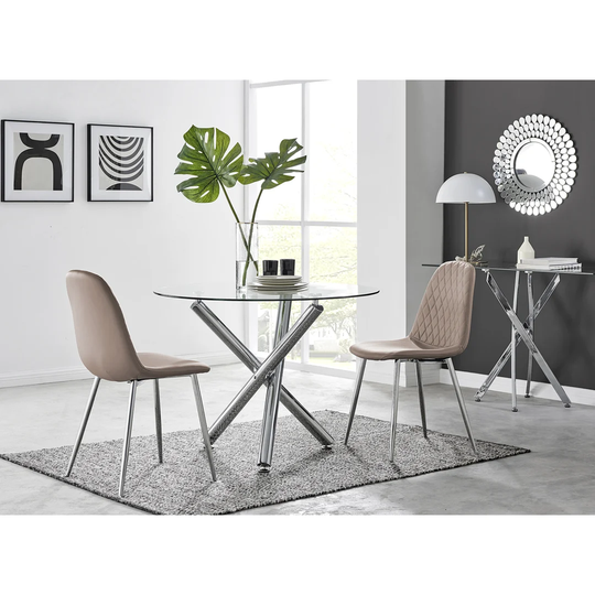 Selina Round Dining Table And 2 Cappuccino Corona Silver Leg Chairs