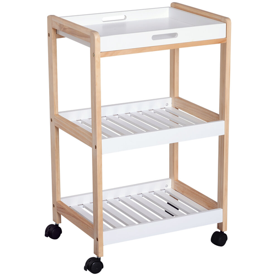 HOMCOM Mobile Serving Trolley Kitchen Cart Wood Rolling Wheels White