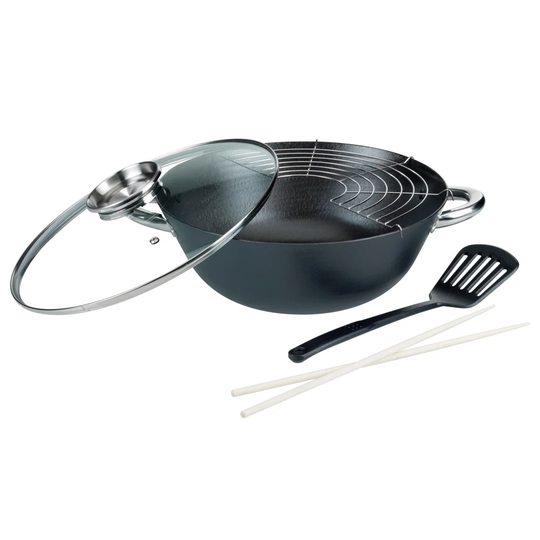 5 Piece 32cm Non-Stick Cast Iron Wok Set with Lid