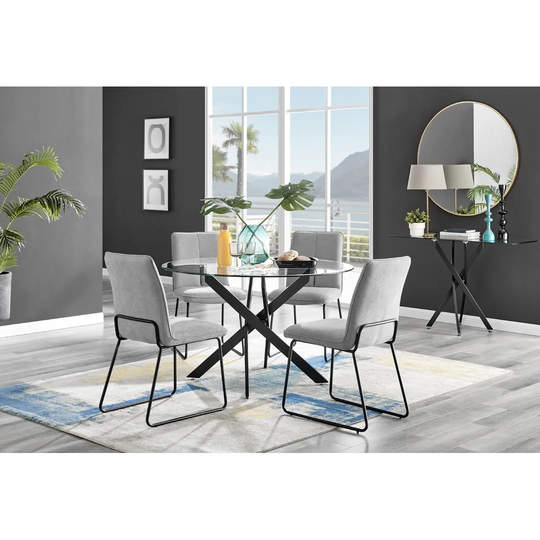 Novara 120cm Round Glass Dining Table & 4 Dark Grey Halle Chairs