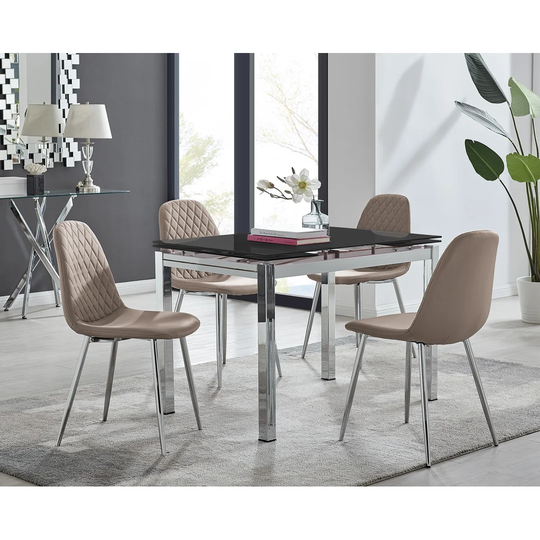 Enna Black Glass Extending Dining Table And 4 Cappuccino Corona Silver Leg Chairs