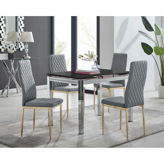 Enna Black Glass Extending Dining Table And 4 Grey Gold Leg Milan Chairs