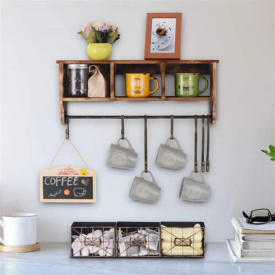 Coffee Mug Cup Holder Wall Shelf, Mug Stand Storage Rack With 7 Hooks & 3 Baskets For Home, Kitchen, Coffee Bar, Nook Storage And Decoration (Curved H