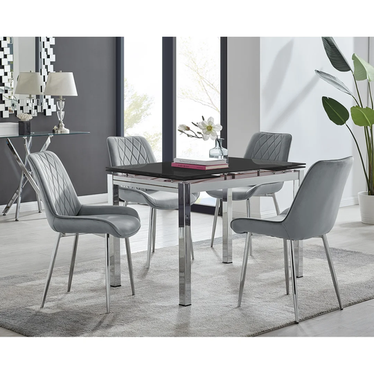 Enna Black Glass Extending Dining Table And 4 Grey Pesaro Silver Leg Chairs