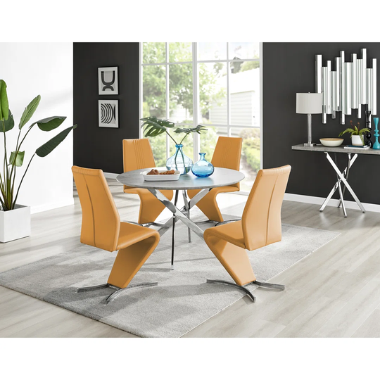 Novara Grey Concrete Effect 120Cm Round Dining Table & 4 Mustard Willow Chairs