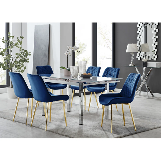 Enna White Glass Extending Dining Table And 4 Mustard Pesaro Silver Leg Chairs