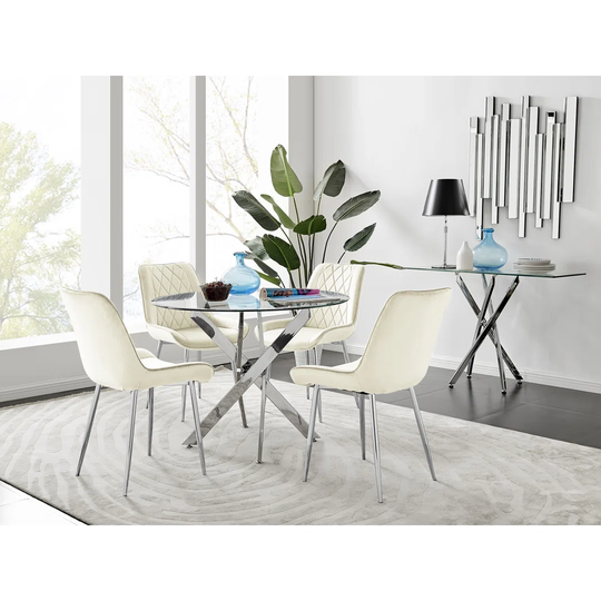 Novara Black Leg Round Glass Dining Table & 4 Cream Pesaro Silver Leg Chairs