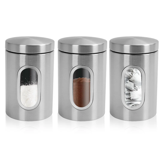 Kitchen Storage Canisters - 3 Piece Storage Container Set - Stainless Steel Containers With Lids - Ergonomic Food Containers - Storage Jars Wi