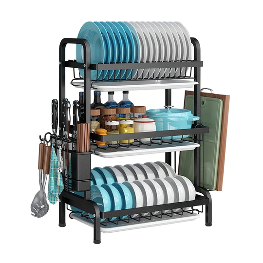3-Tier Dish Drying Rack, Carbon Steel Dish Drying Shelves With Drainboard Tray, Utensil Holder, Cutting Board Holder, Large Rust-Proof Dish Drainer Fo
