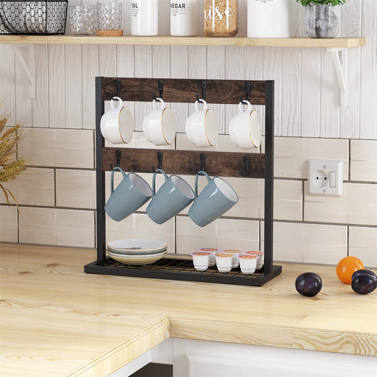 Coffee Mug Holder Stand Countertop With 16 Hooks, 2 Tier Vintage Wooden Coffee Cup Holder Stand Coffee Mug Storage Rack With Metal Mesh Storage Base F