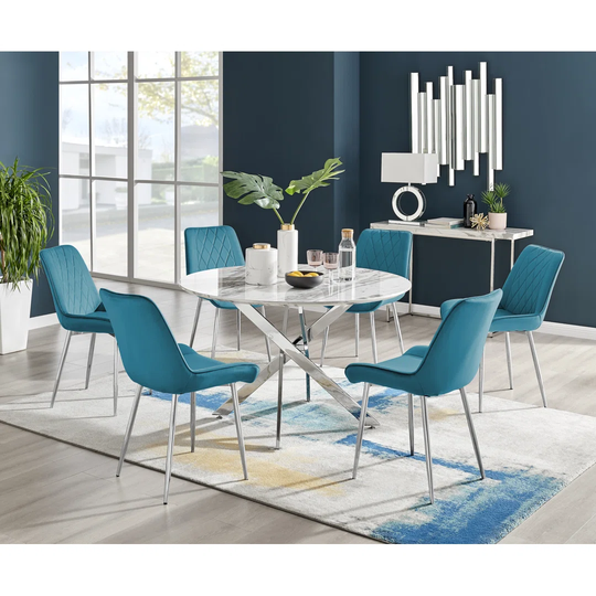 Novara White Marble 120Cm Round Dining Table & 6 Blue Pesaro Silver Chairs