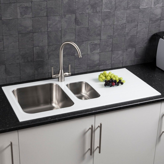 Sauber Kitchen Sink 1.5 Bowl Stainless Steel RH Glass Surround Drainer White
