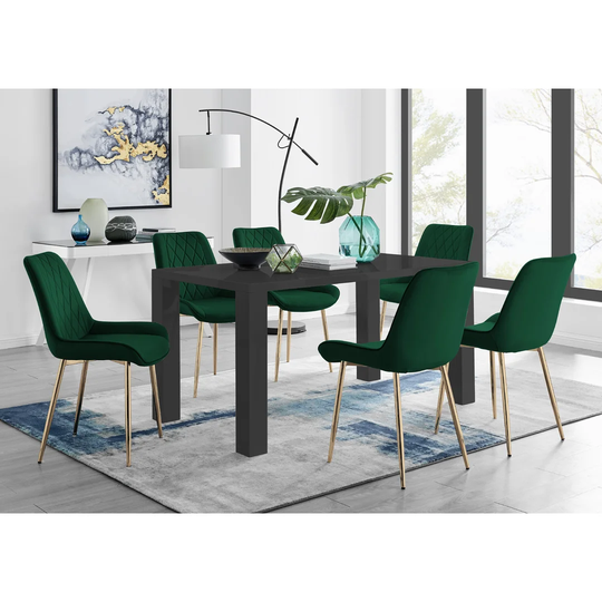 Pivero 6 Black Dining Table And 6 Green Pesaro Gold Leg Chairs