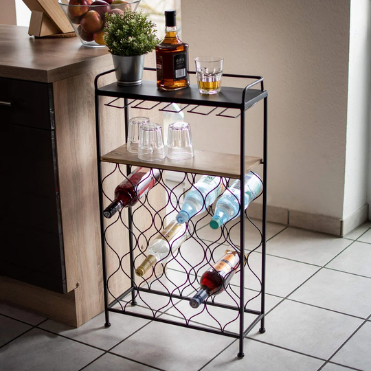 Dudek 18 Bottle Floor Wine Bottle & Glass Rack in Black