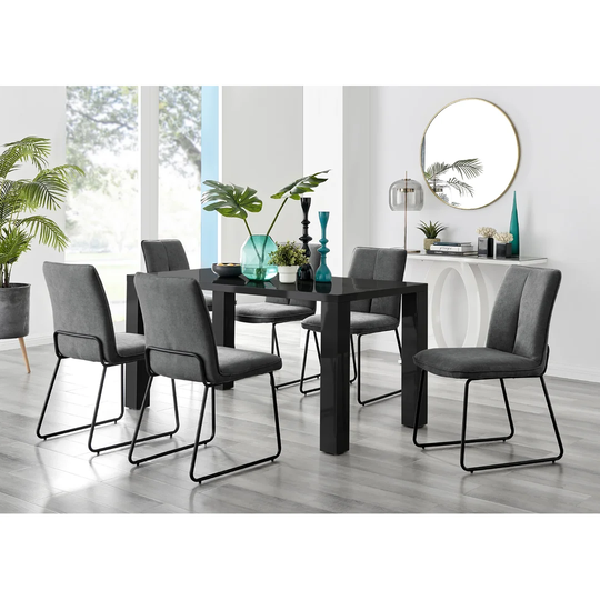 Pivero Black High Gloss Dining Table & 6 Dark Grey Halle Chairs