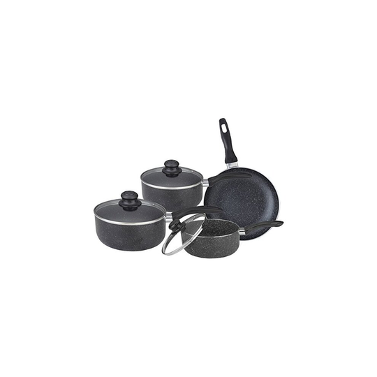 7PC Marble Coated Aluminium Non Stick COOKWARE Set Frying PAN Saucepan Glass LID (Black)