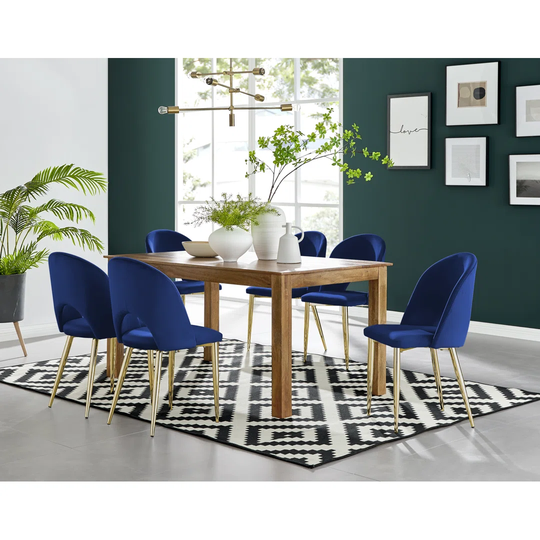 Anders Honey Solid Wood Dining Table & 6 Blue Arlon Gold Leg Chairs