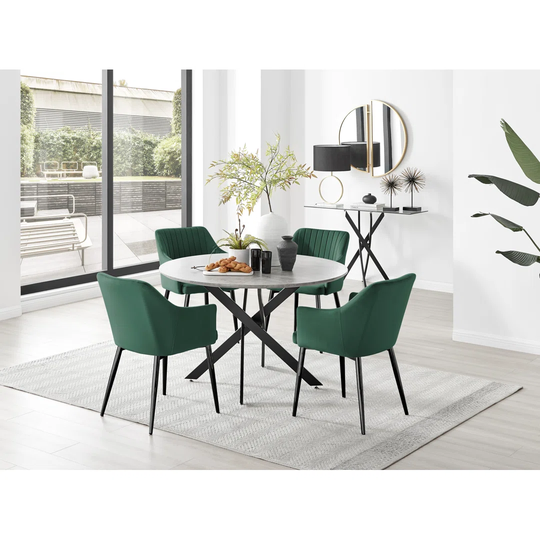 Novara Grey Concrete Effect Black Leg 120Cm Round Dining Table & 4 Green Calla Black Leg Chairs