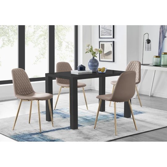Pivero 4 Black Dining Table And 4 Cappuccino Corona Gold Leg Chairs
