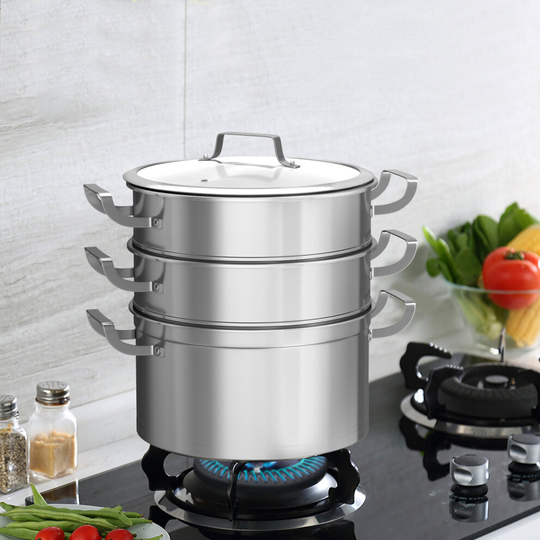 3 Tier Stainless Steel Steamer Cooker Pot Set Pan Cook Food Glass Lids