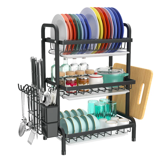 3 Tier Large Dish Drying Rack With Draining Board And Cutlery /Chopping Board Holder Over Sink, Dish Dryer Rack For Plate/Utensil On Kitchen Counterto