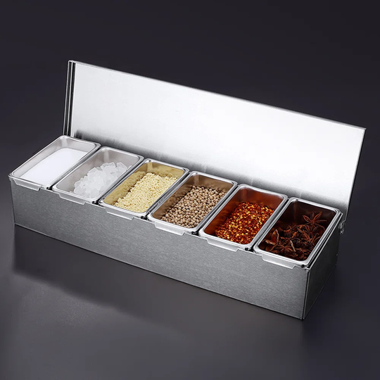6-Grid Stainless Steel Condiment Storage Box With Lid And Spoons