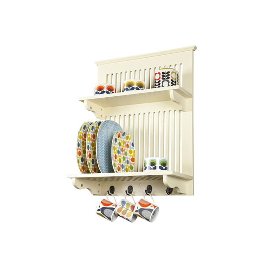 Aston Buttermilk Wooden Kitchen Plate Rack, wall mounted shelf, hooks