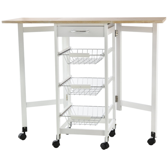 HOMCOM Drop-Leaf Kitchen Trolley w/ 3 Baskets Drawer Surface Top
