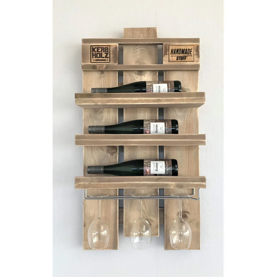 Armin 3 Bottle Solid Wood Hanging Wine Bottle & Glass Rack in Wood