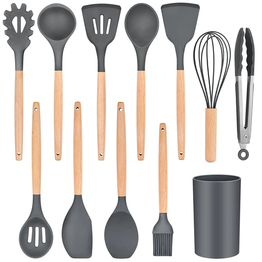 Silicone Kitchen Utensil Set, 12 Piece Non-Stick Cooking Utensils Baking Spatulas Set With Holder, Heat Resistant Kitchen Tools Turners Safe For Cookw